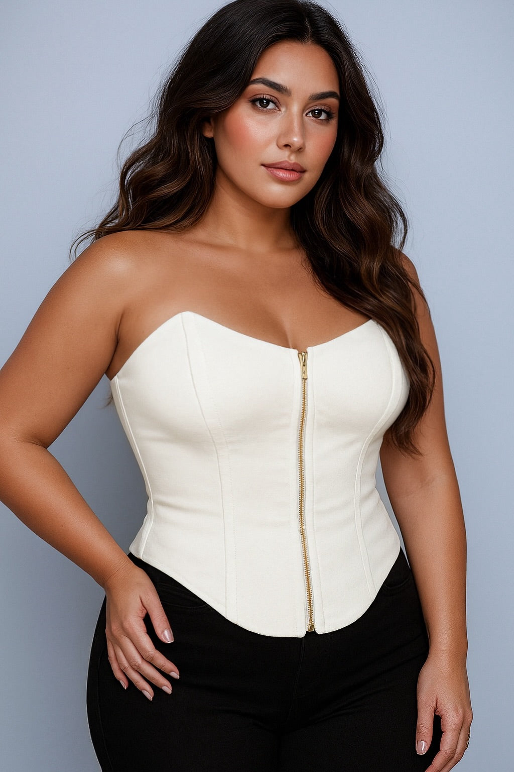 Kim Off White Denim Corset Top – Structured Strapless Boned Fit