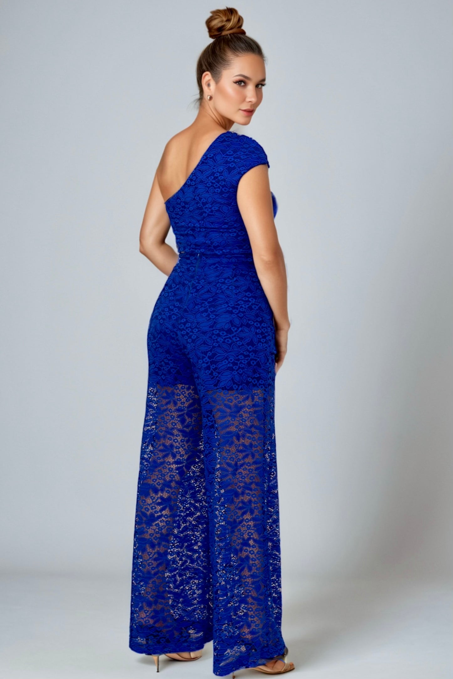 Mindy Cropped Top & High Waisted Blue Lace Palazzo Set