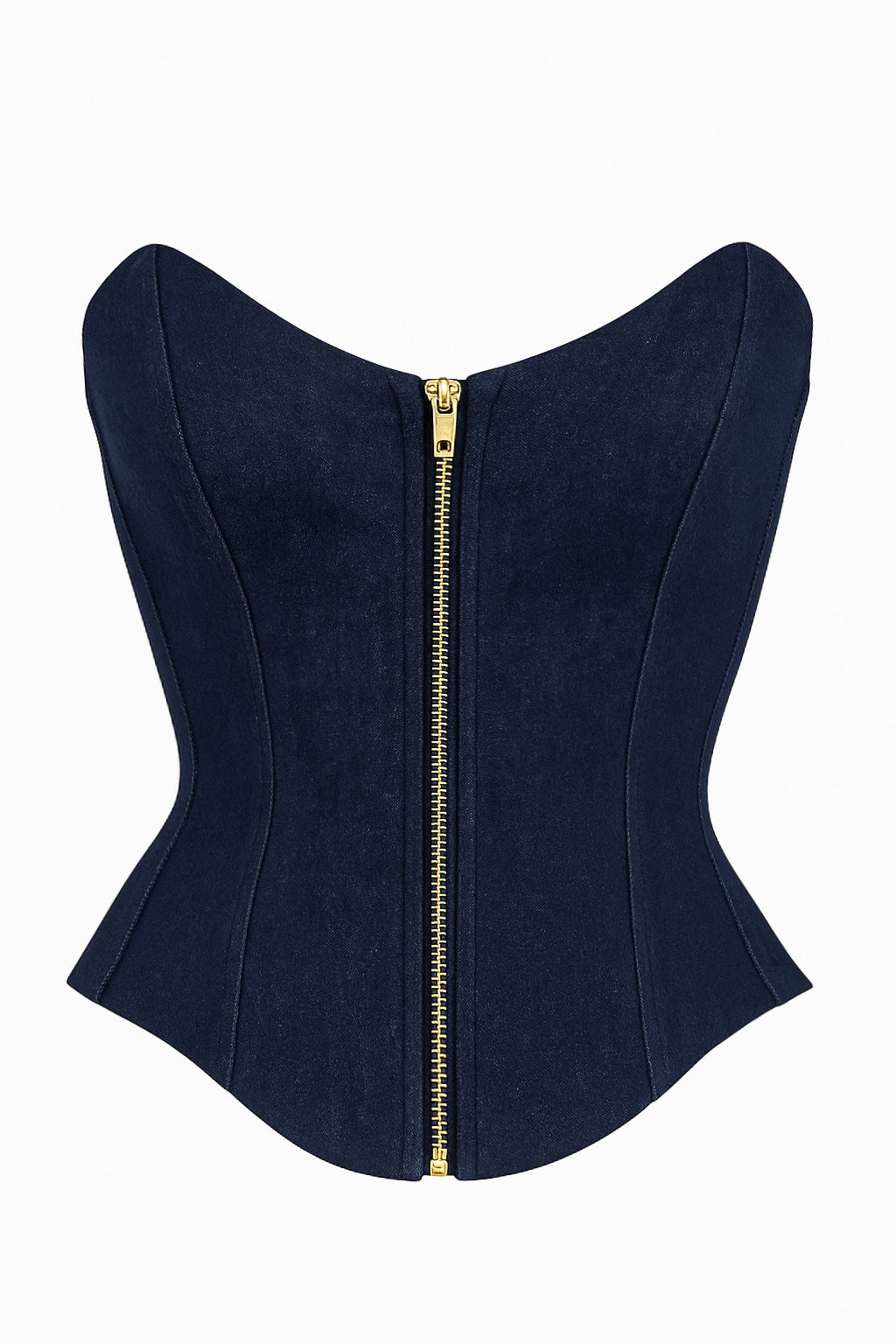 Kim Dark Blue Denim Corset Top – Structured Strapless Boned Fit
