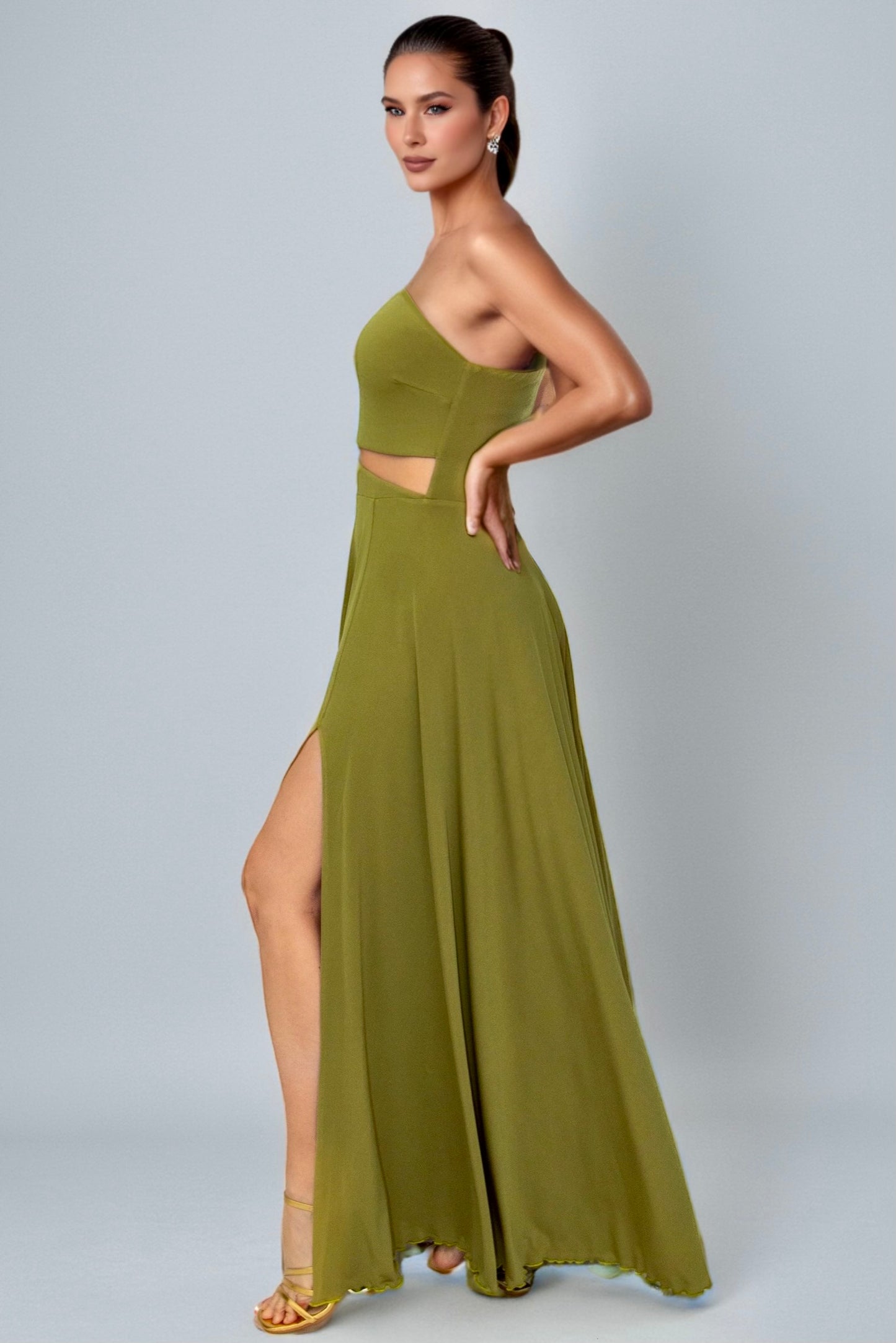 Camila Asymmetric Neckline Maxi Dress with Cutout-CUSTOMIZED COLOR