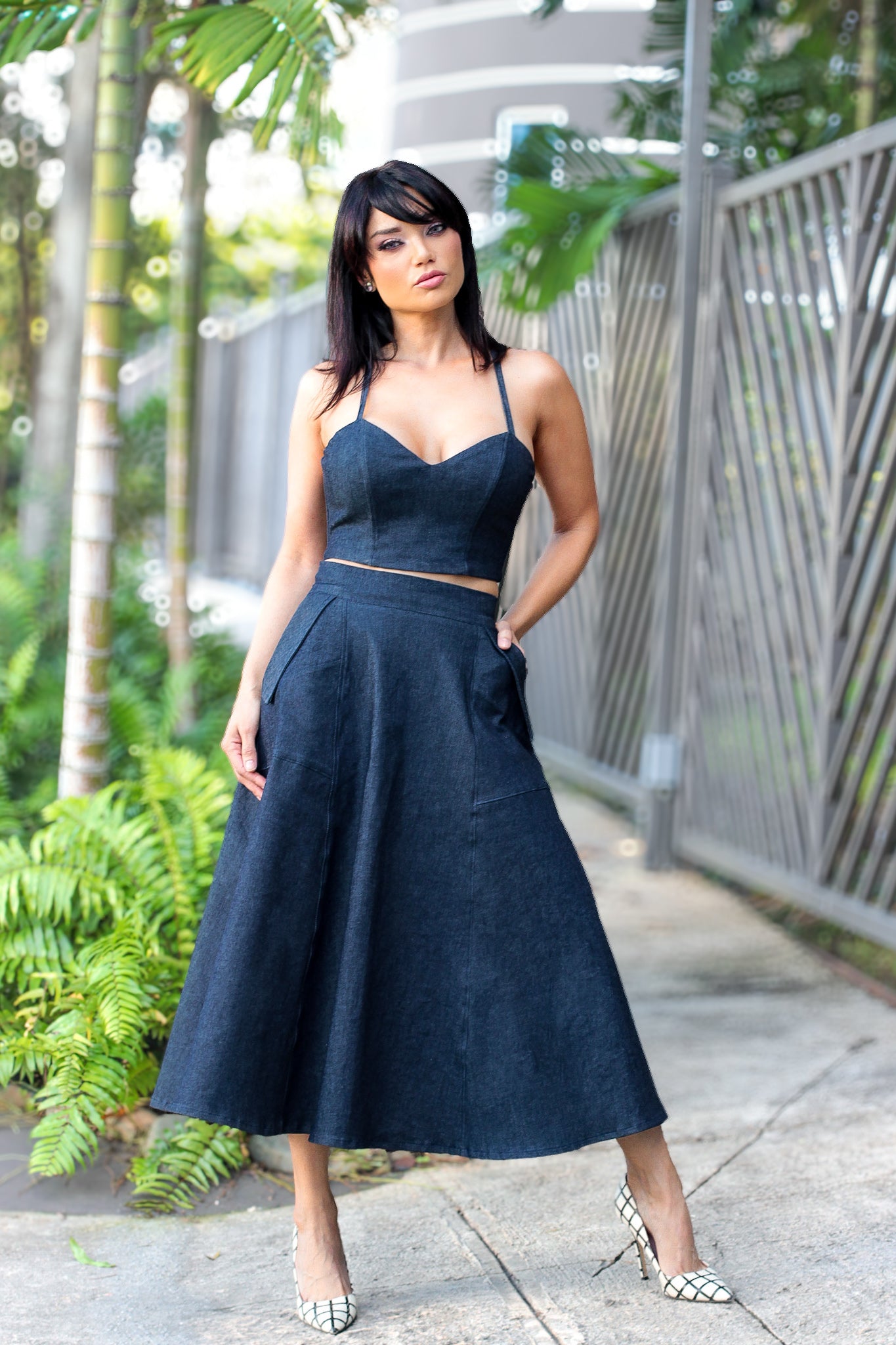 Emily High Waisted Denim Midi Skirt & Cropped Top Set (Pre-Order)