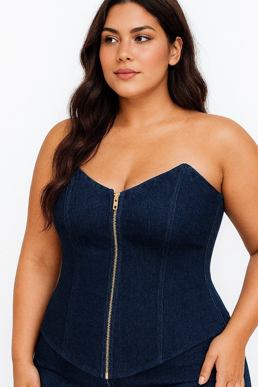 Kim Dark Blue Denim Corset Top – Structured Strapless Boned Fit