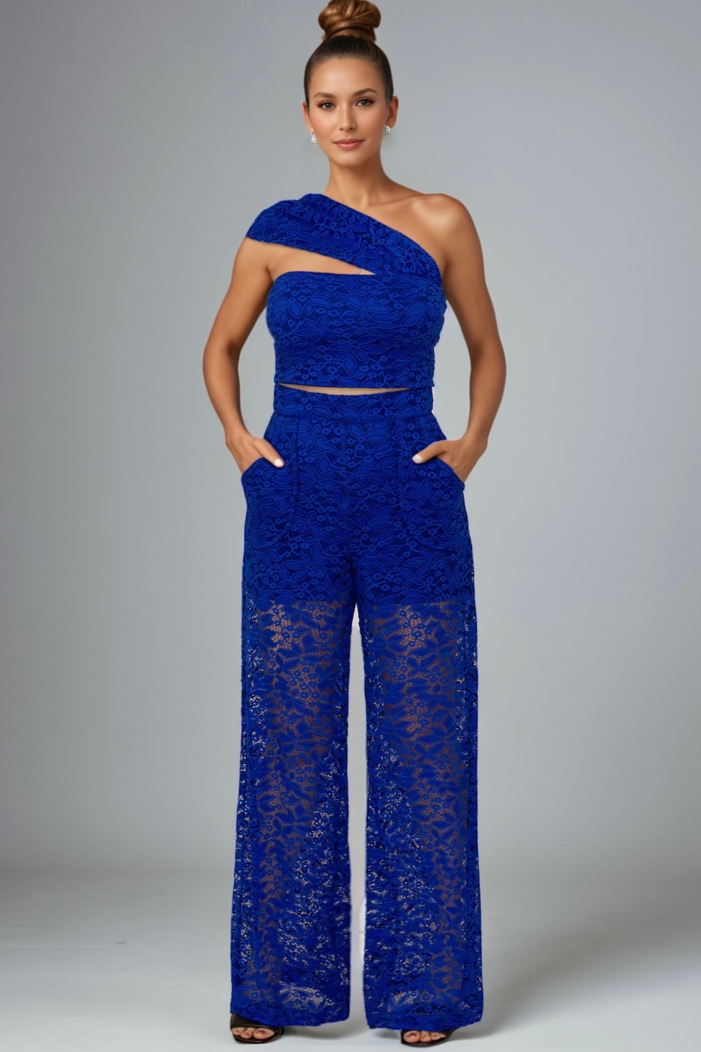Mindy Cropped Top & High Waisted Blue Lace Palazzo Set