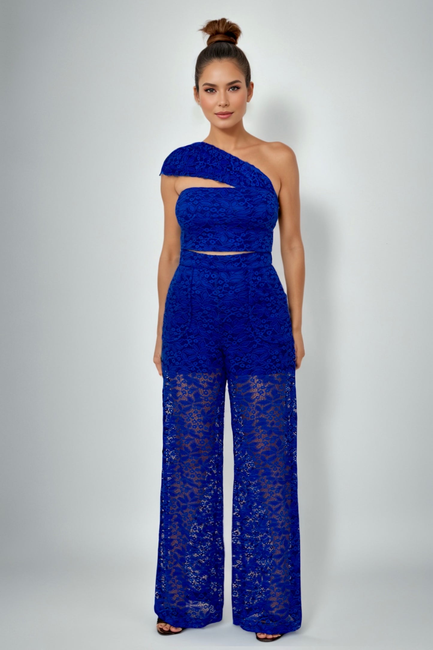 Mindy Cropped Top & High Waisted Blue Lace Palazzo Set