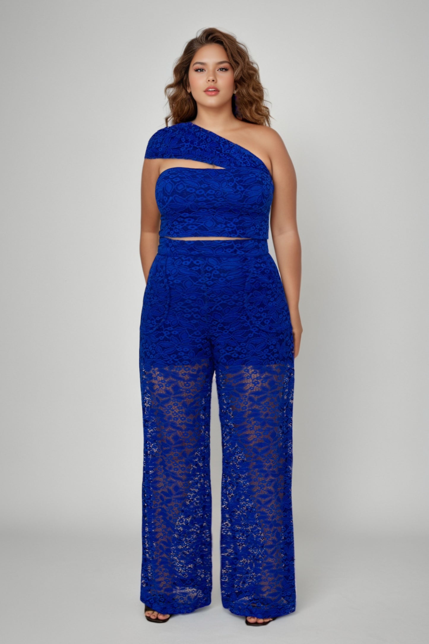 Mindy Cropped Top & High Waisted Blue Lace Palazzo Set