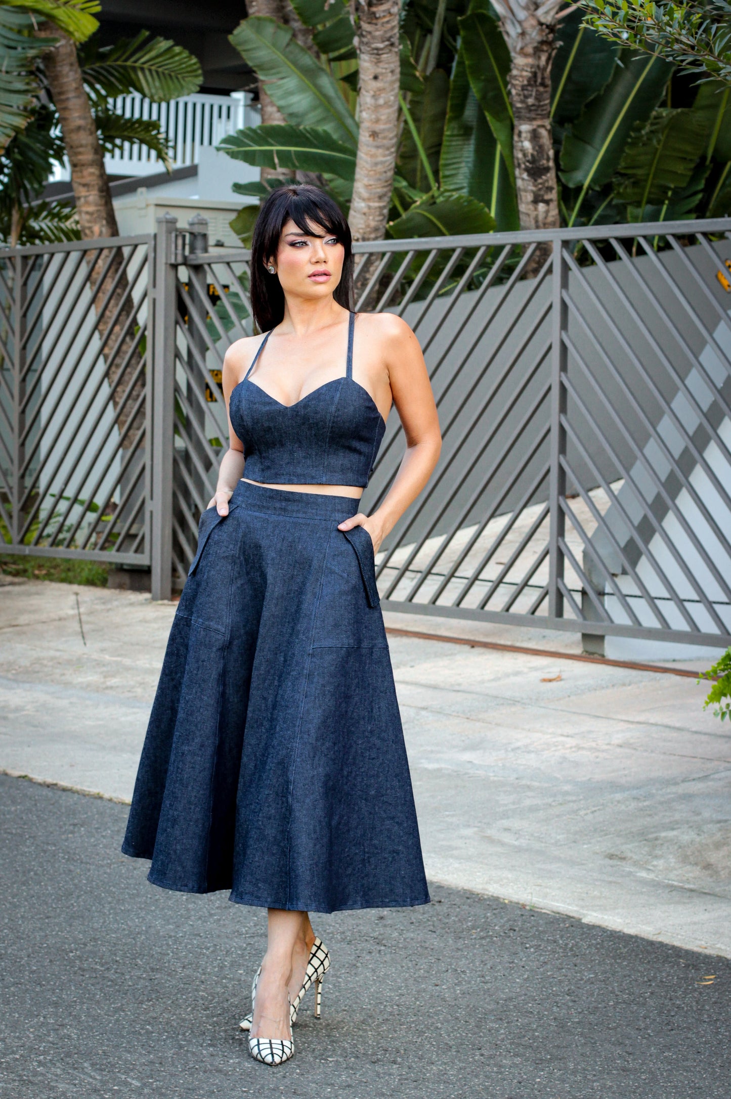 Emily High Waisted Denim Midi Skirt & Cropped Top Set (Pre-Order)