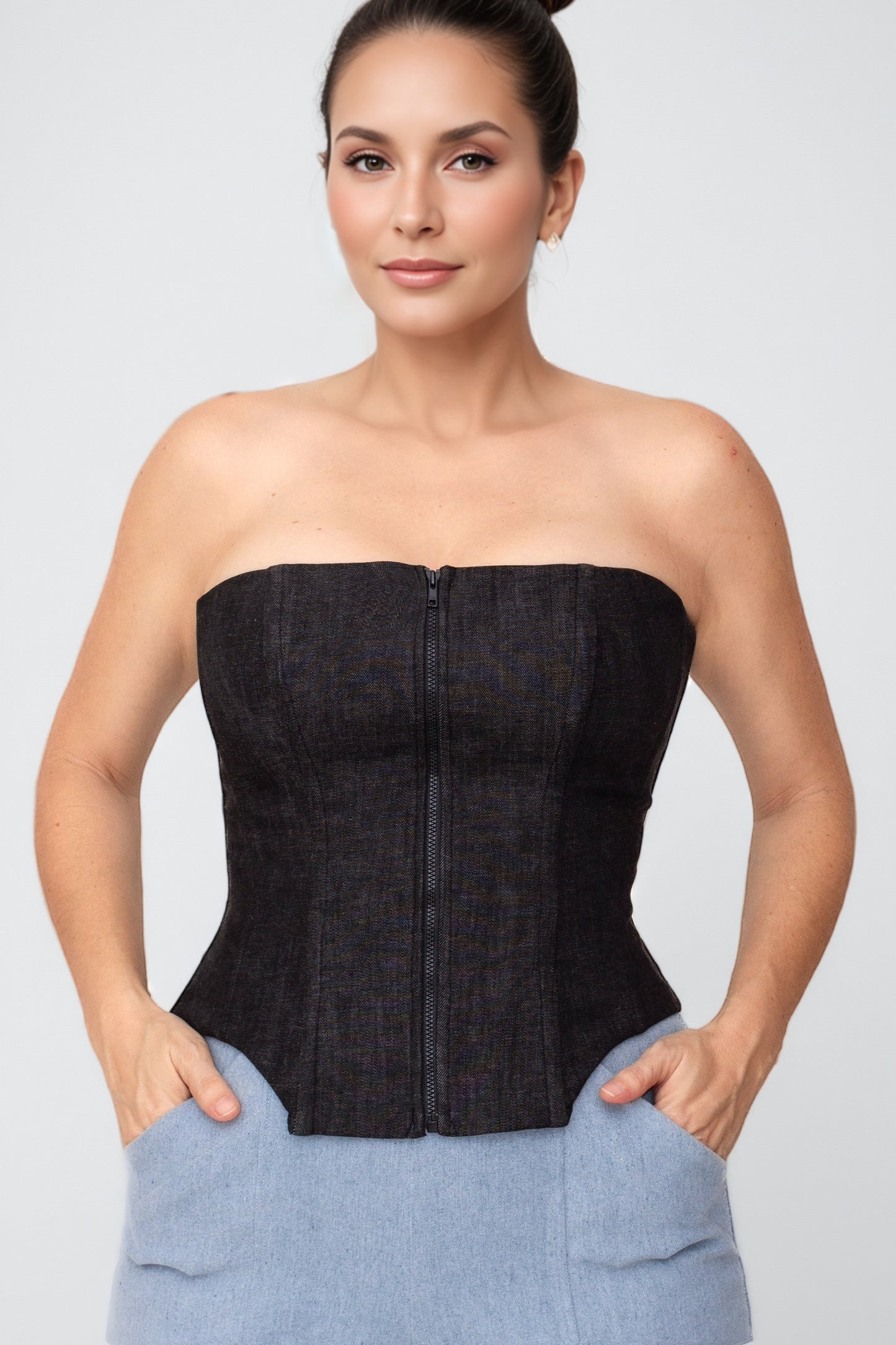 Kylie Black Denim Boned Corset Top