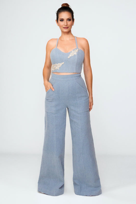 Bold Muse High-Rise Denim Palazzo – Light Blue