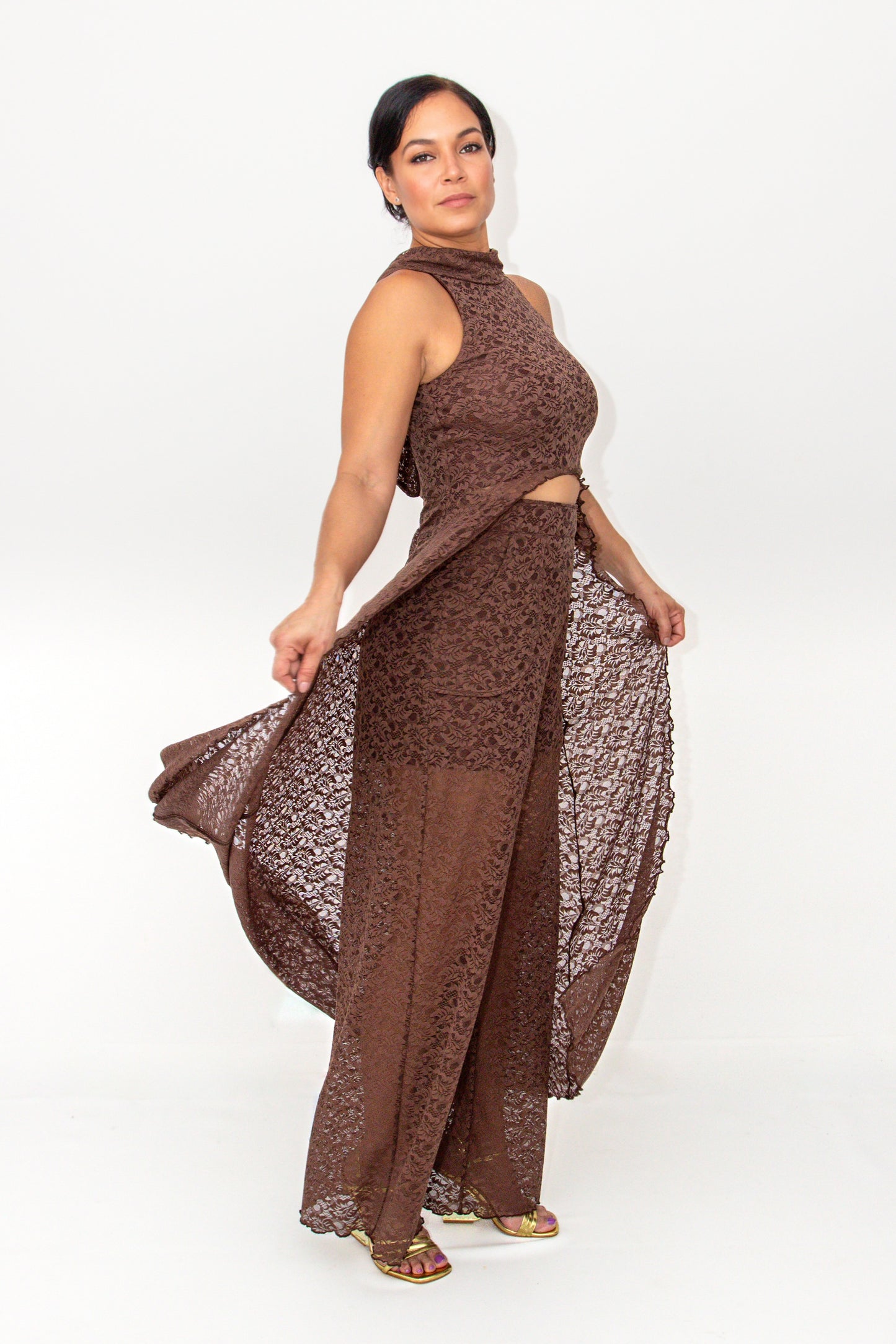 The Confident Muse Set – Lace Tunic & Wide-Leg Pants with Cowl Back in Mocha