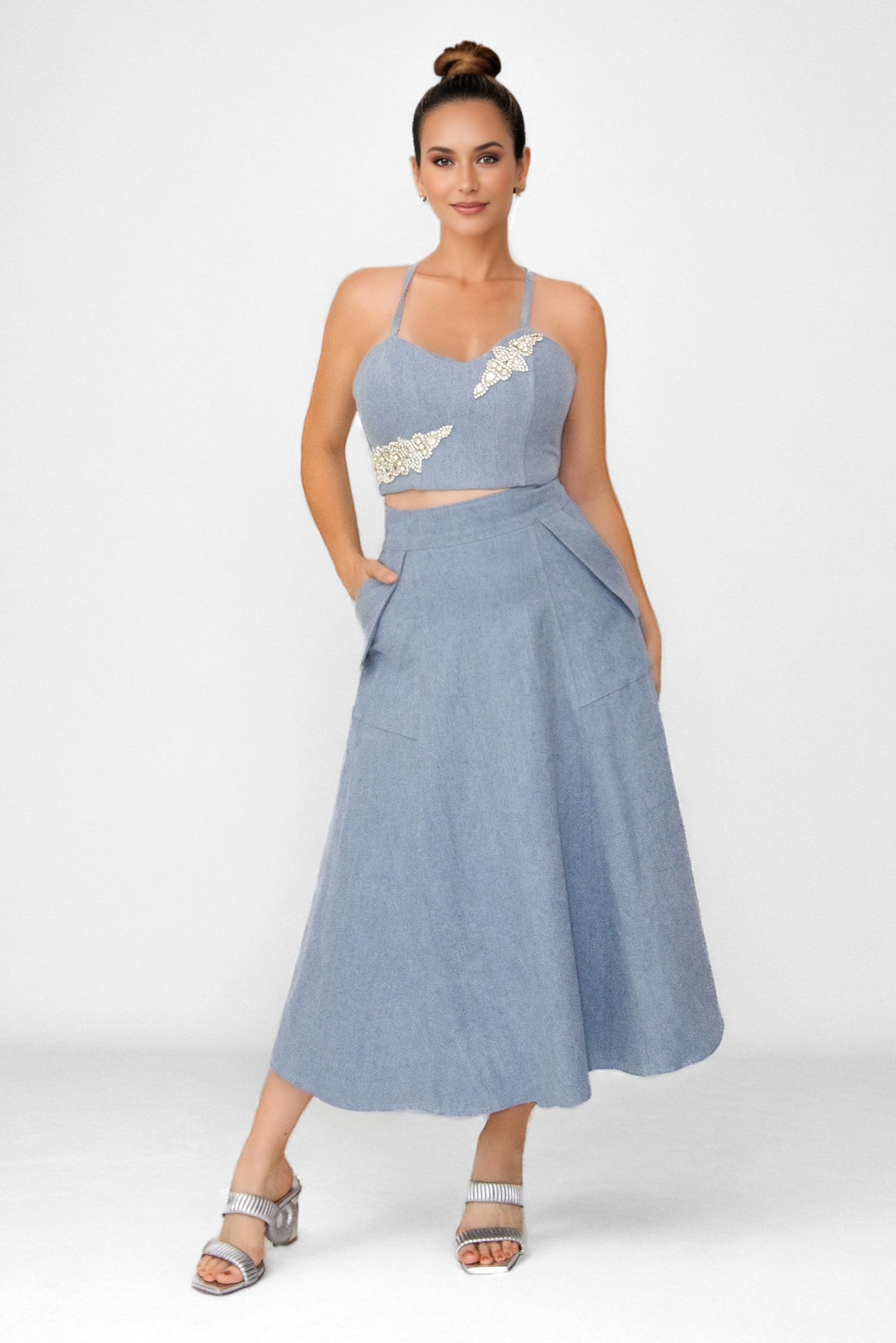 Emily High Waisted Denim Midi Skirt in Light Blue