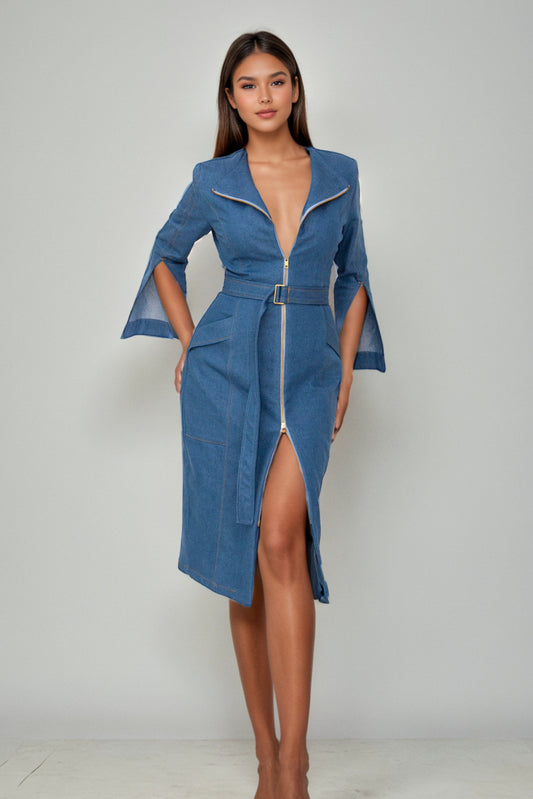 Nina Denim Trench Midi Dress in Mid Blue