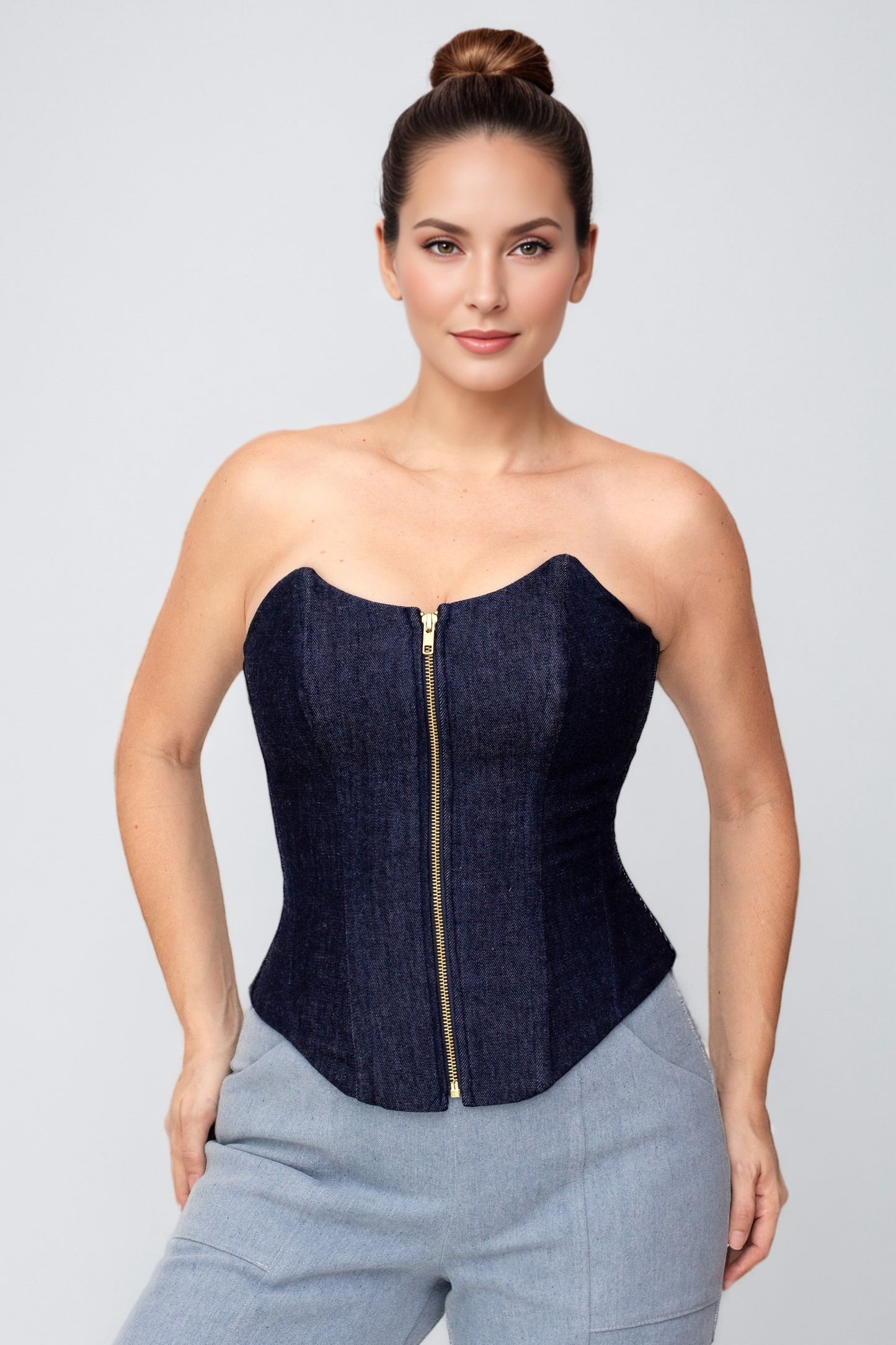 Kim Dark Blue Denim Corset Top – Structured Strapless Boned Fit