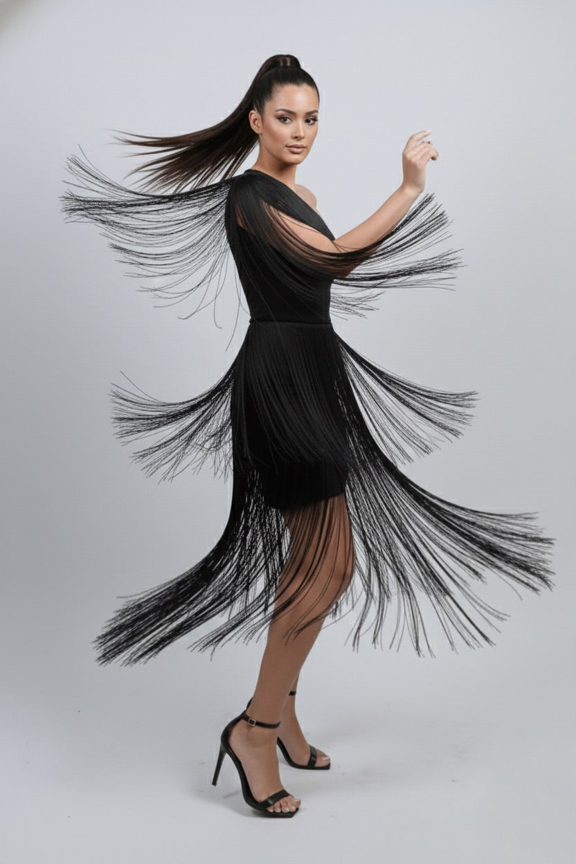 Chaser Fringe Asymmetrical Black Dress