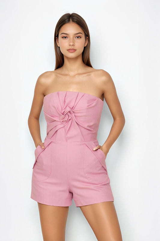 Flevorand Draped Floral Denim Romper in Pink