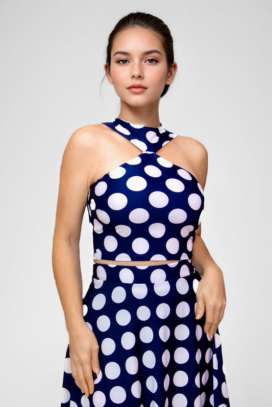 Vivacious Polka Dot High Neck Sleeveless Crop Top