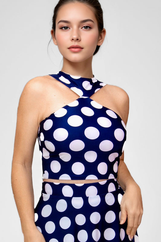 Vivacious Polka Dot High Neck Sleeveless Crop Top