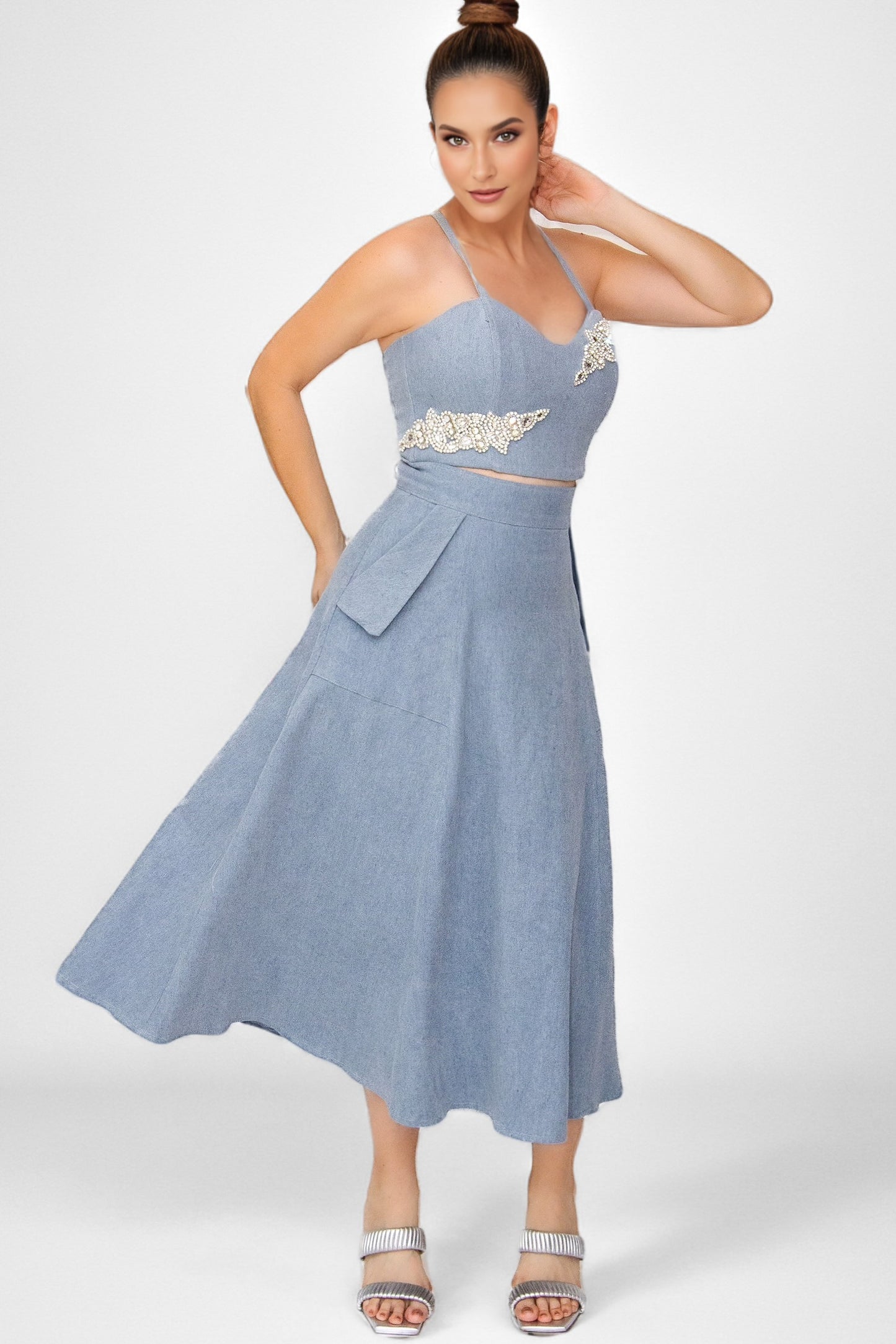 Emily High Waisted Denim Midi Skirt in Light Blue