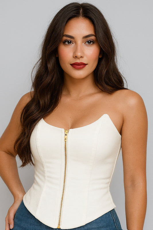 Kim Off White Denim Corset Top – Structured Strapless Boned Fit