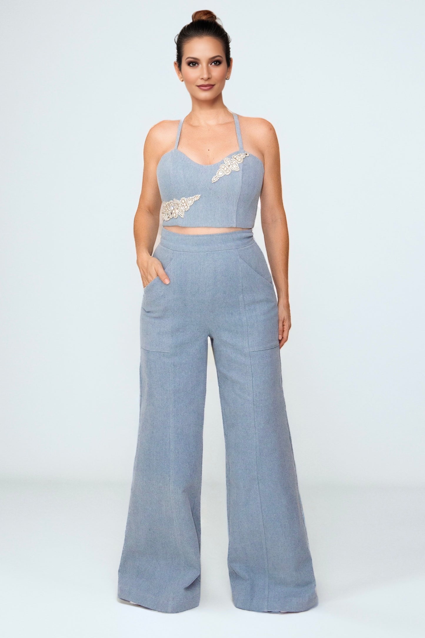 Bold Muse Rhinestone Embellished Crop Top | Criss-Cross Back Denim in Light Blue