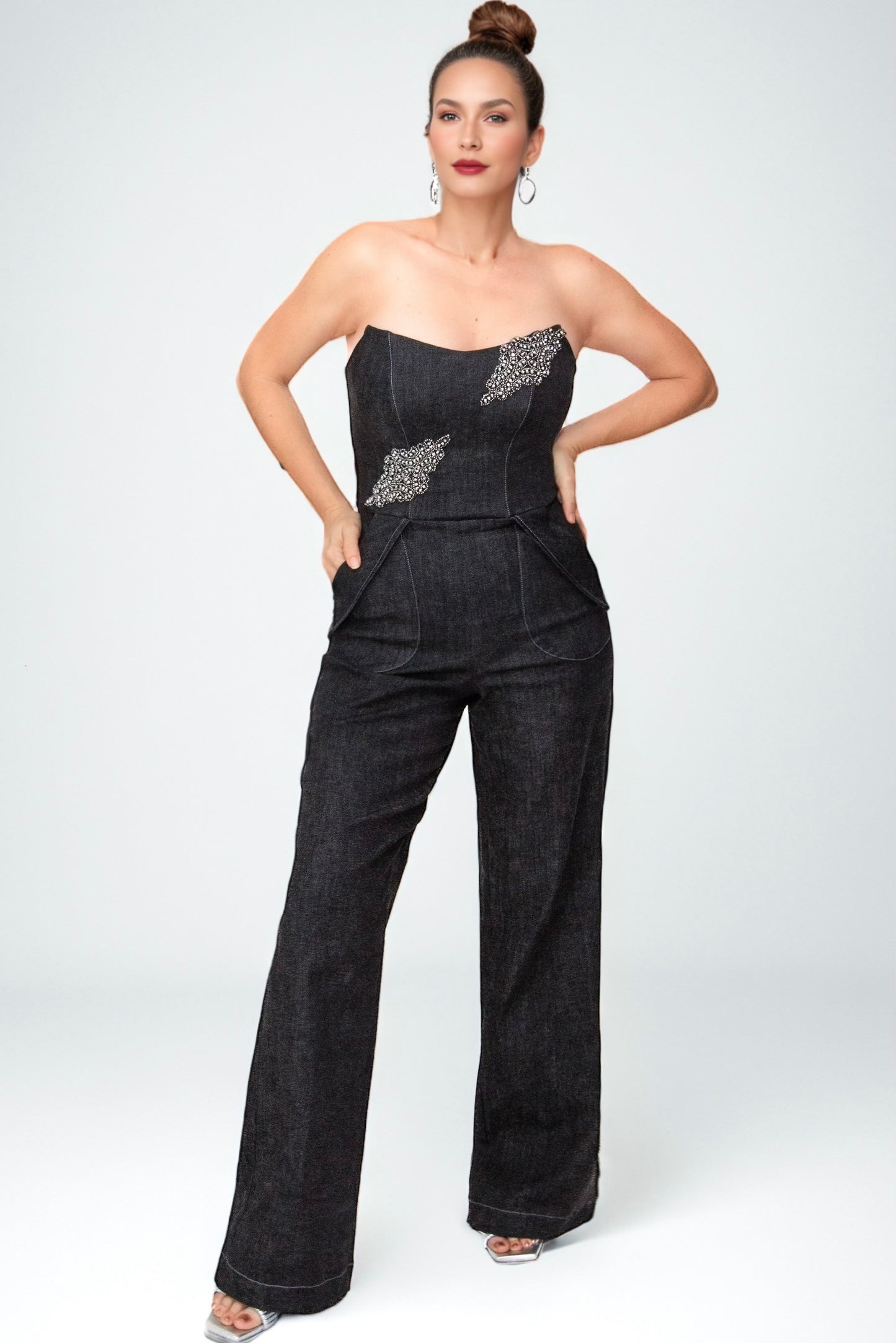 Empowering Black Denim Bustier Jumpsuit | Stone Embroidered Apliqué