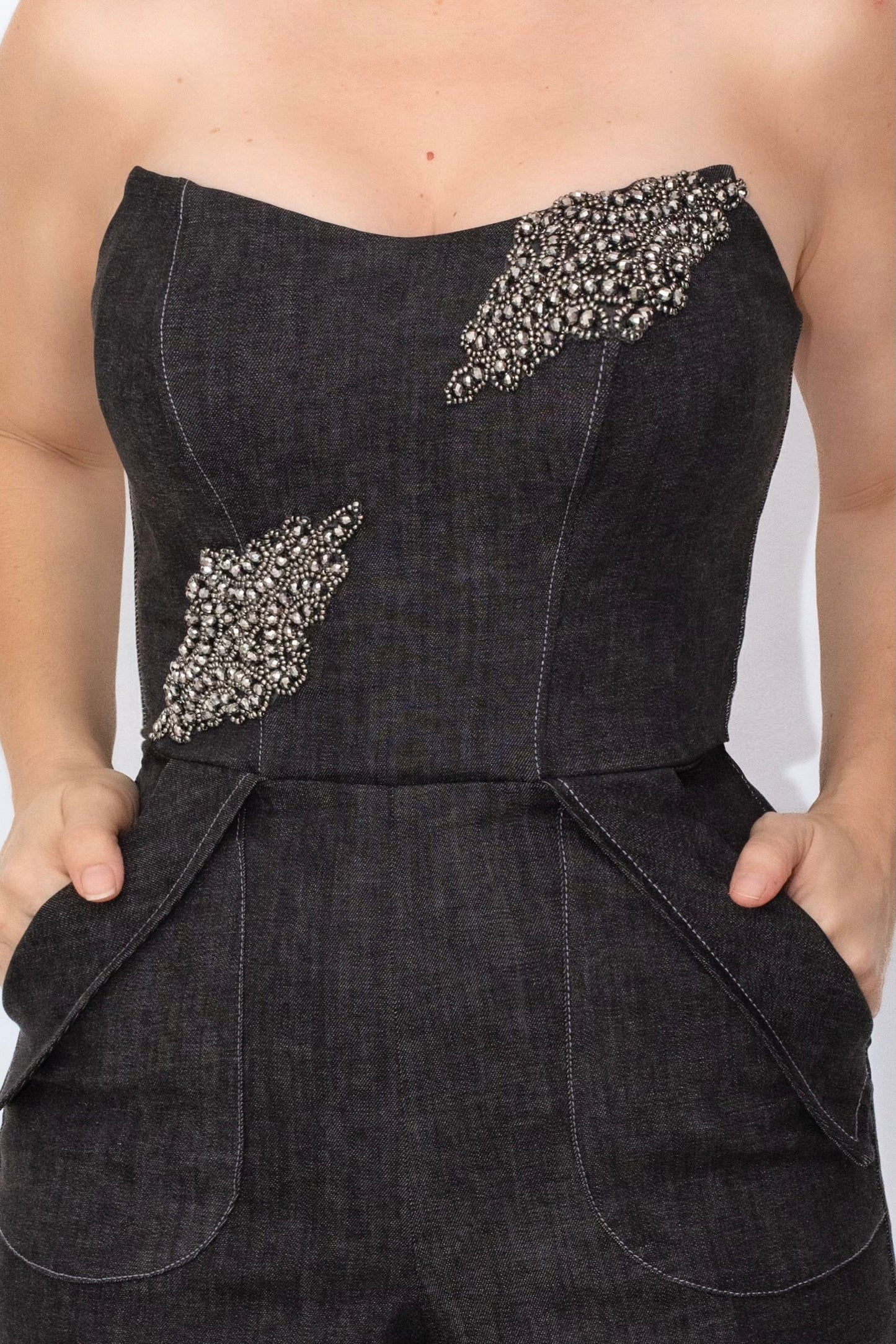 Empowering Black Denim Bustier Jumpsuit | Stone Embroidered Apliqué