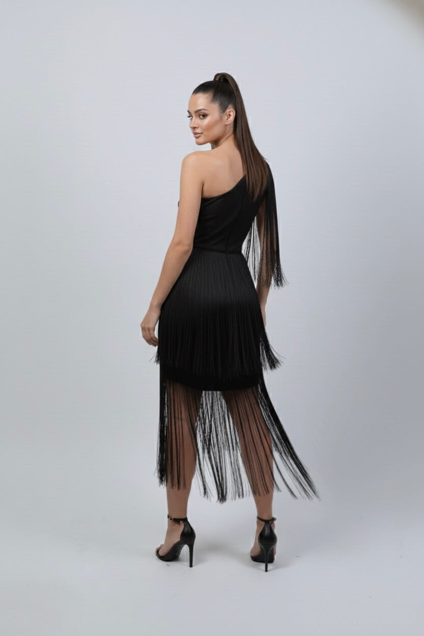 Chaser Fringe Asymmetrical Black Dress