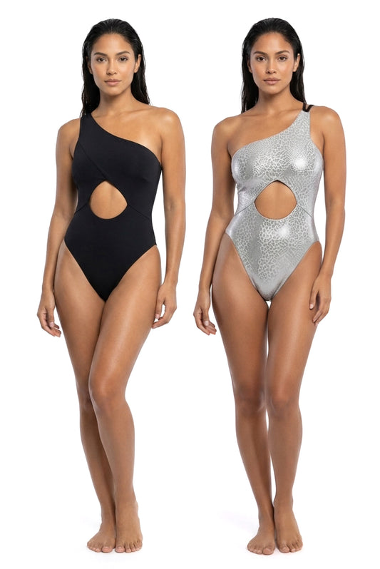 Icacos Luxe – One Shoulder Reversible One Piece in Black & Silver