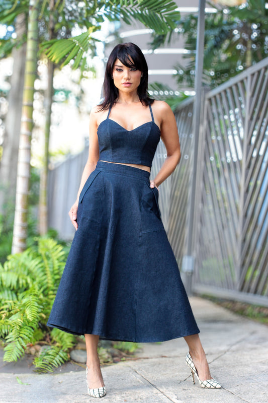 Emily High Waisted Denim Midi Skirt & Cropped Top Set (Pre-Order)