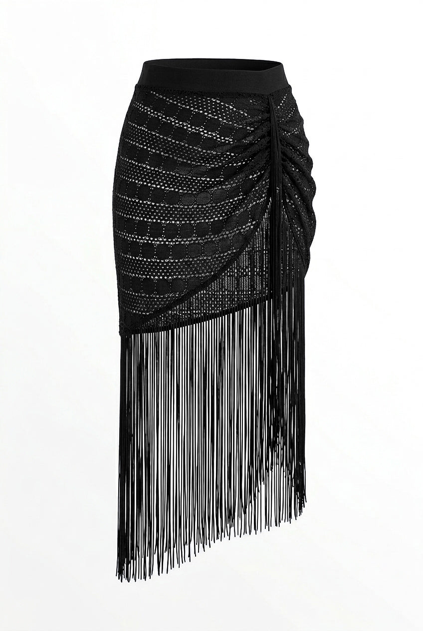 Black Sand Asymmetrical Fringe Skirt Cover-Up
