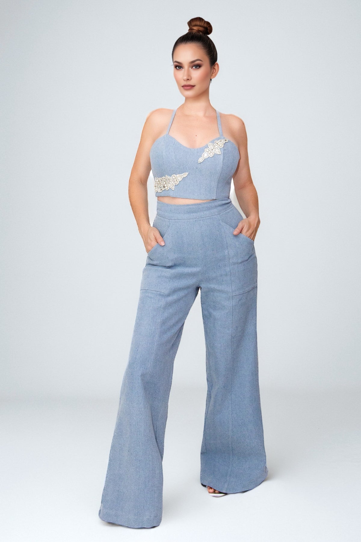 Bold Muse High-Rise Denim Palazzo – Light Blue