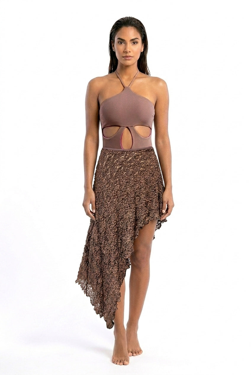 Kikita Asymmetric Crinkle Lace Cover-Up Skirt – Toasted Coconut