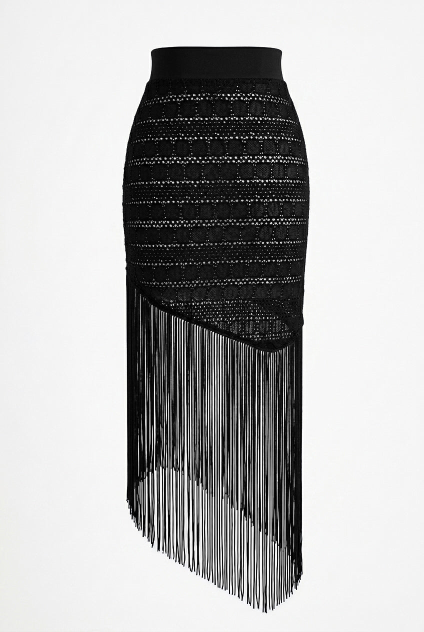 Black Sand Asymmetrical Fringe Skirt Cover-Up