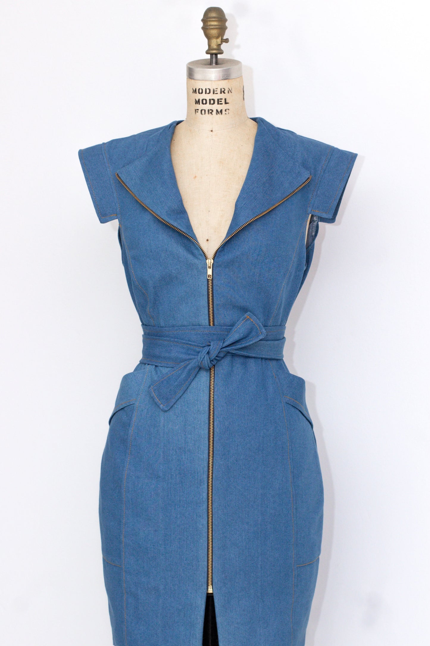 MEDIUM-Denim Midi Dress in Mid Blue (Sample)