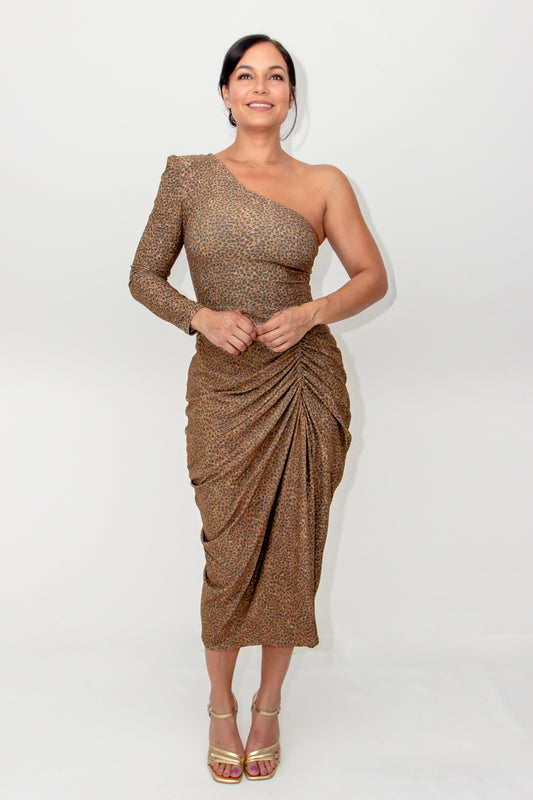 Fierce Elegance Midi Dress – Asymmetrical Animal Print