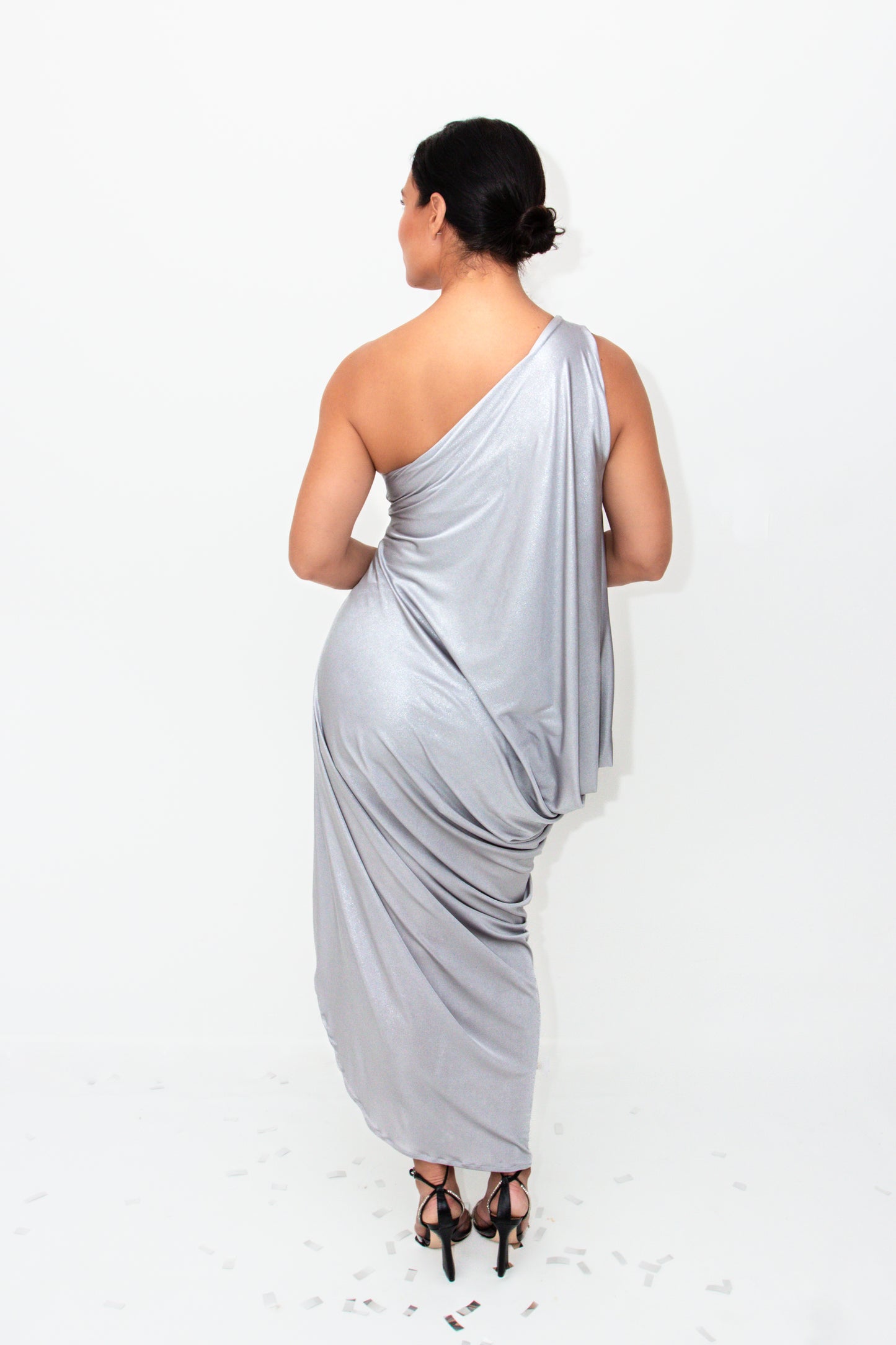 Goddess Mood Dress – One-Shoulder Silver Metallic Drape Dress