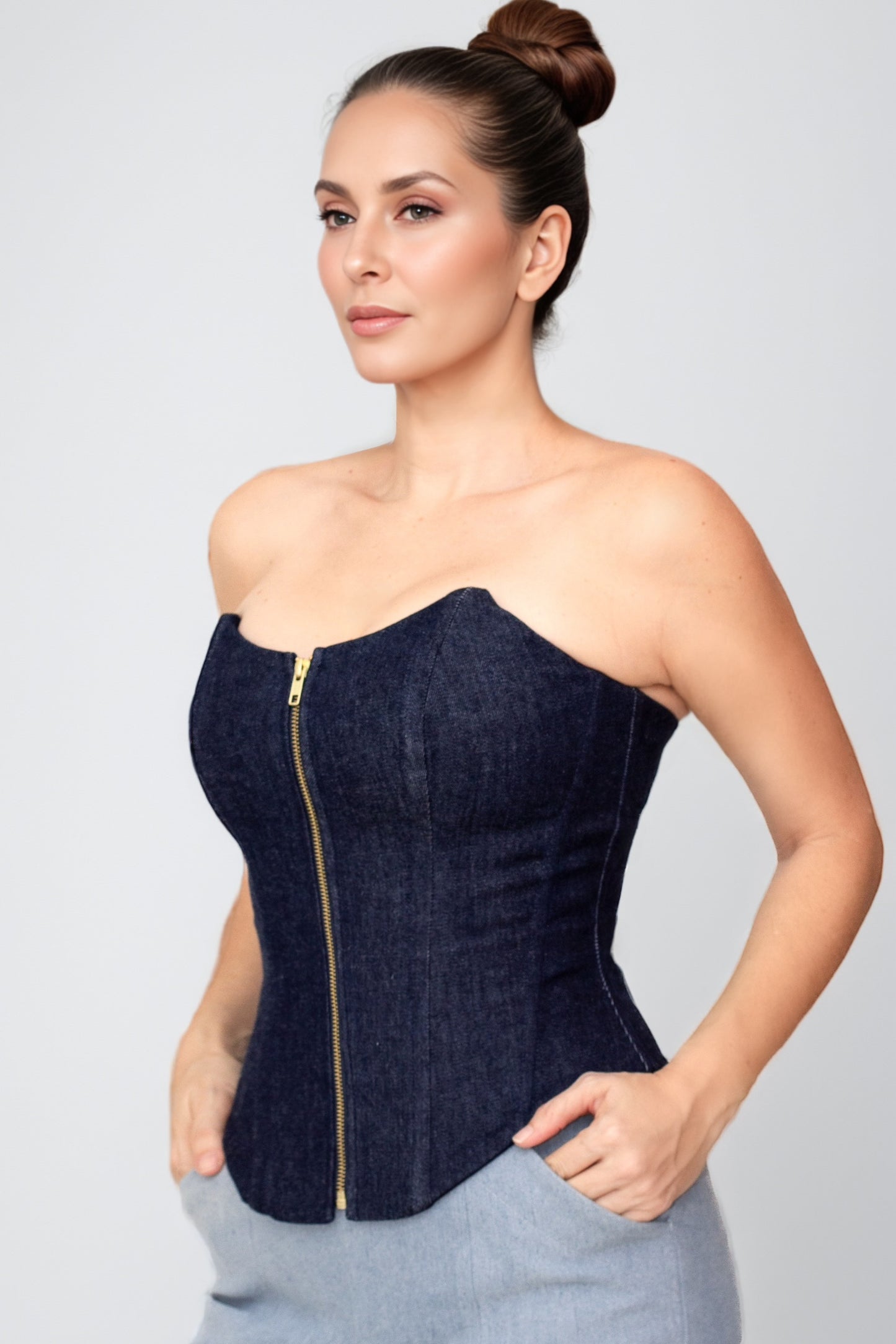 Kim Dark Blue Denim Corset Top – Structured Strapless Boned Fit