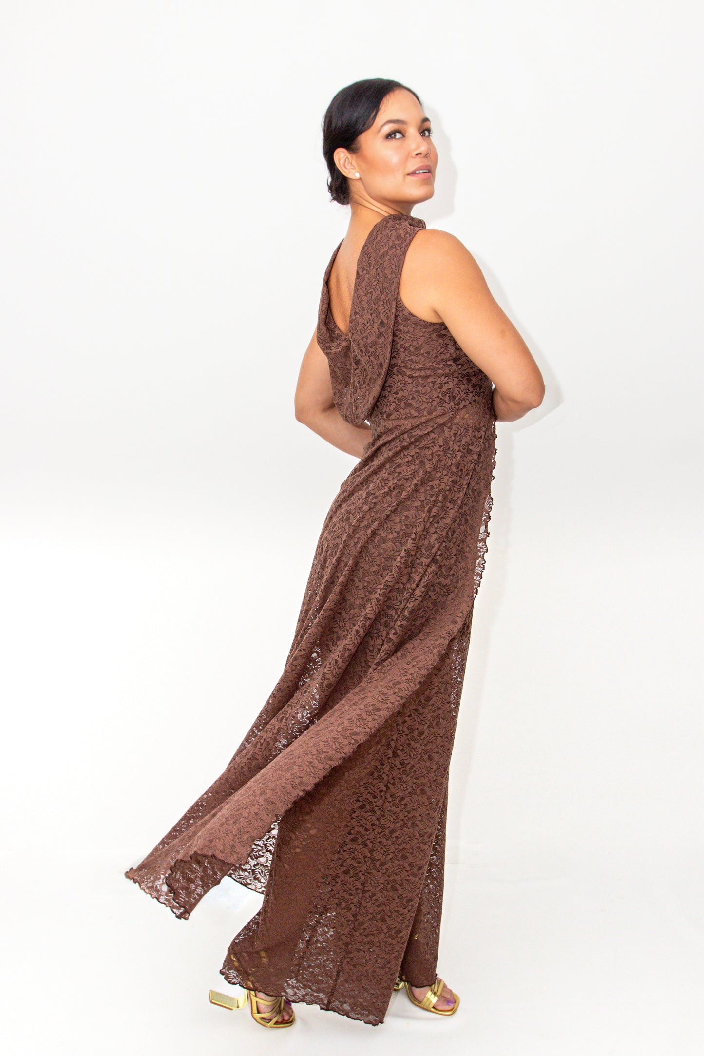 The Confident Muse Set – Lace Tunic & Wide-Leg Pants with Cowl Back in Mocha