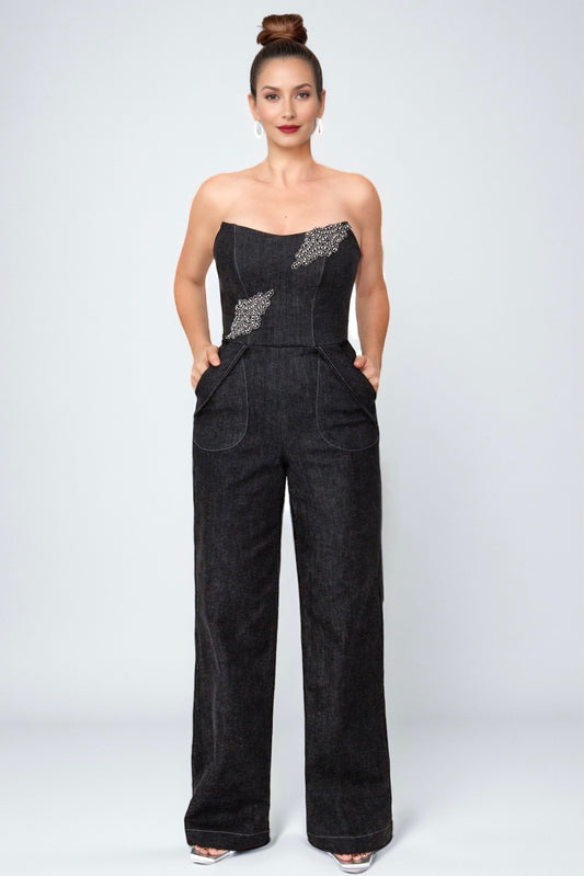 Empowering Black Denim Bustier Jumpsuit | Stone Embroidered Apliqué