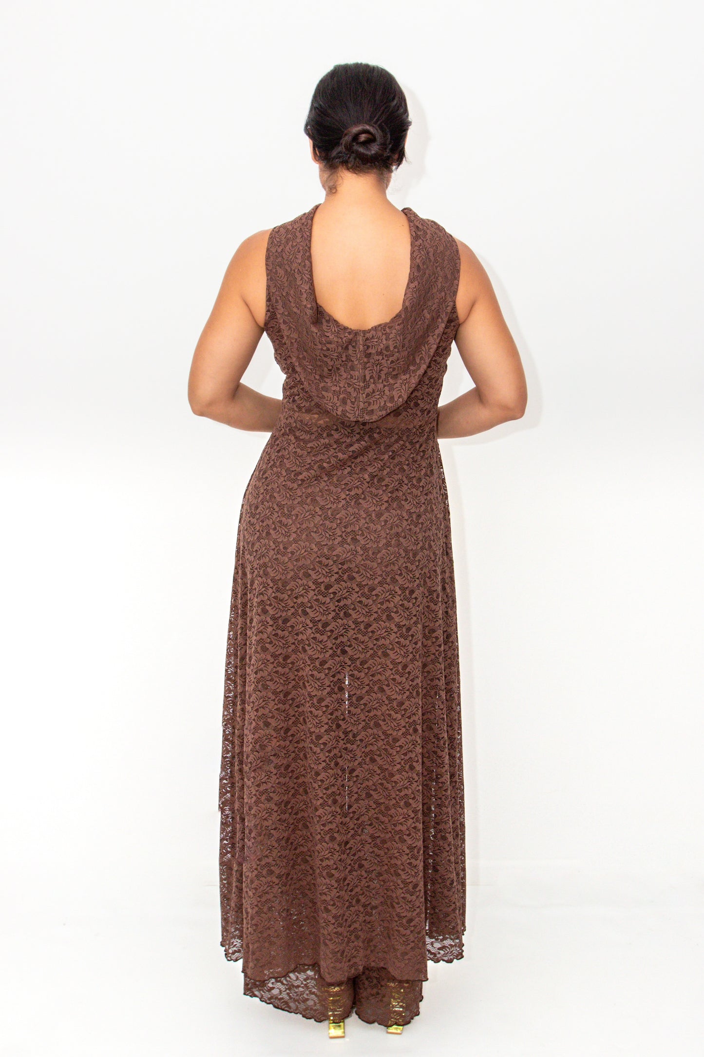 The Confident Muse Set – Lace Tunic & Wide-Leg Pants with Cowl Back in Mocha