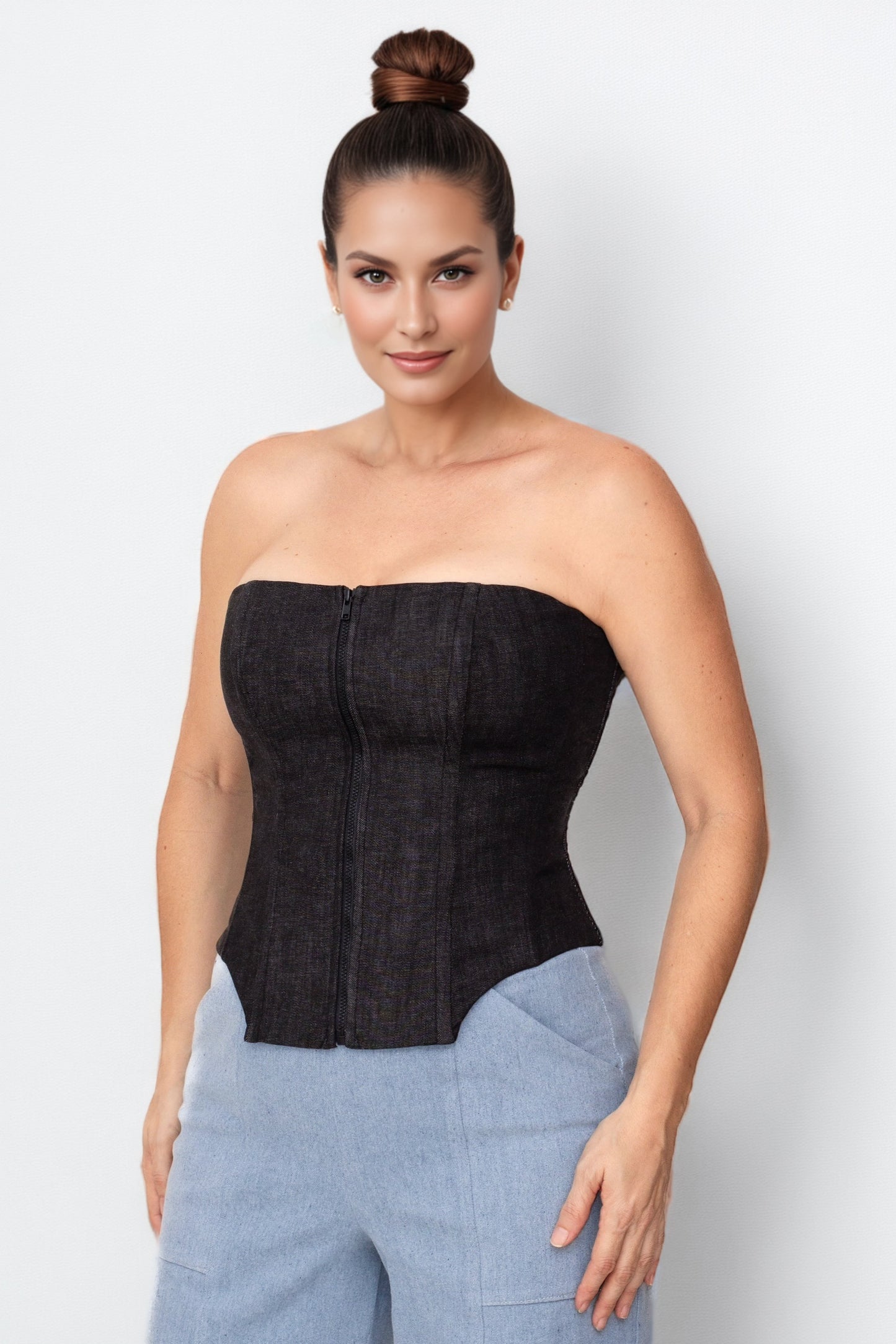 Kylie Black Denim Boned Corset Top