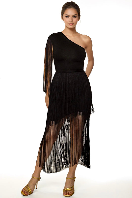 X-SMALL Sample- Chaser Fringe Asymmetrical Black Dress