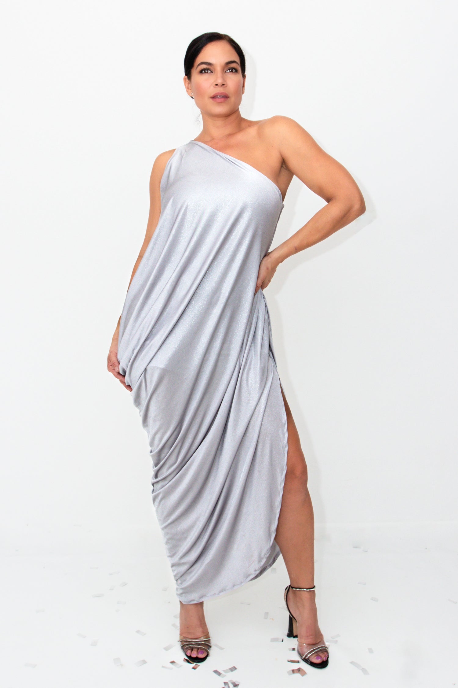 Goddess Mood Dress One-Shoulder Silver Metallic Drape Dress Goddess Mood Dress One-Shoulder Silver Metallic Drape Dress