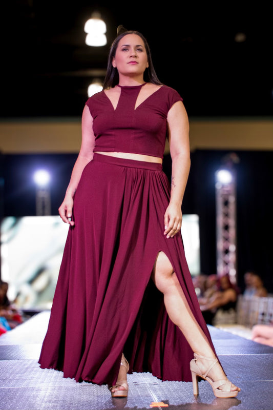 X-LARGE Claret Maxi Skirt & Crop Top Set in Wine