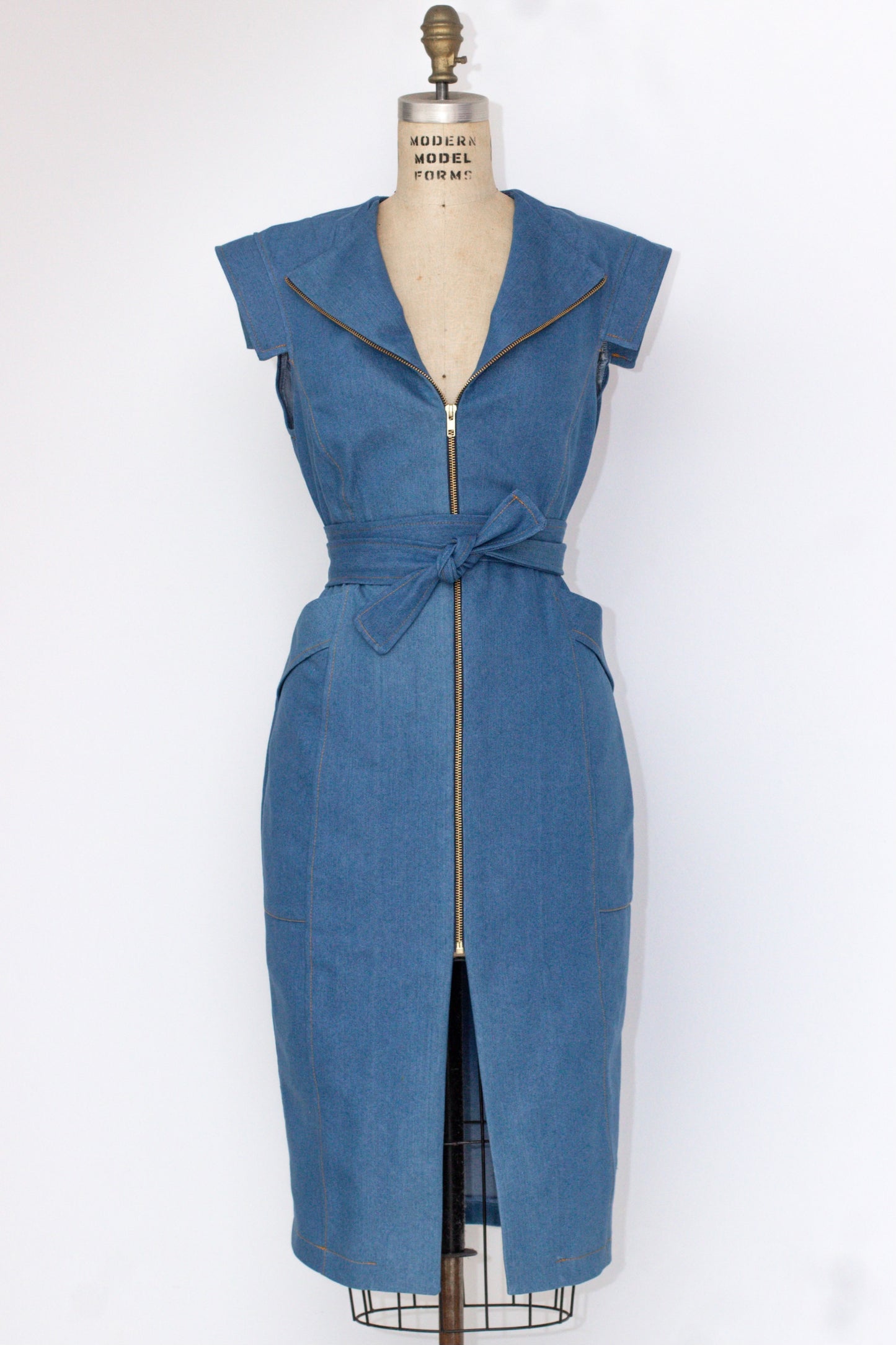 MEDIUM-Denim Midi Dress in Mid Blue (Sample)