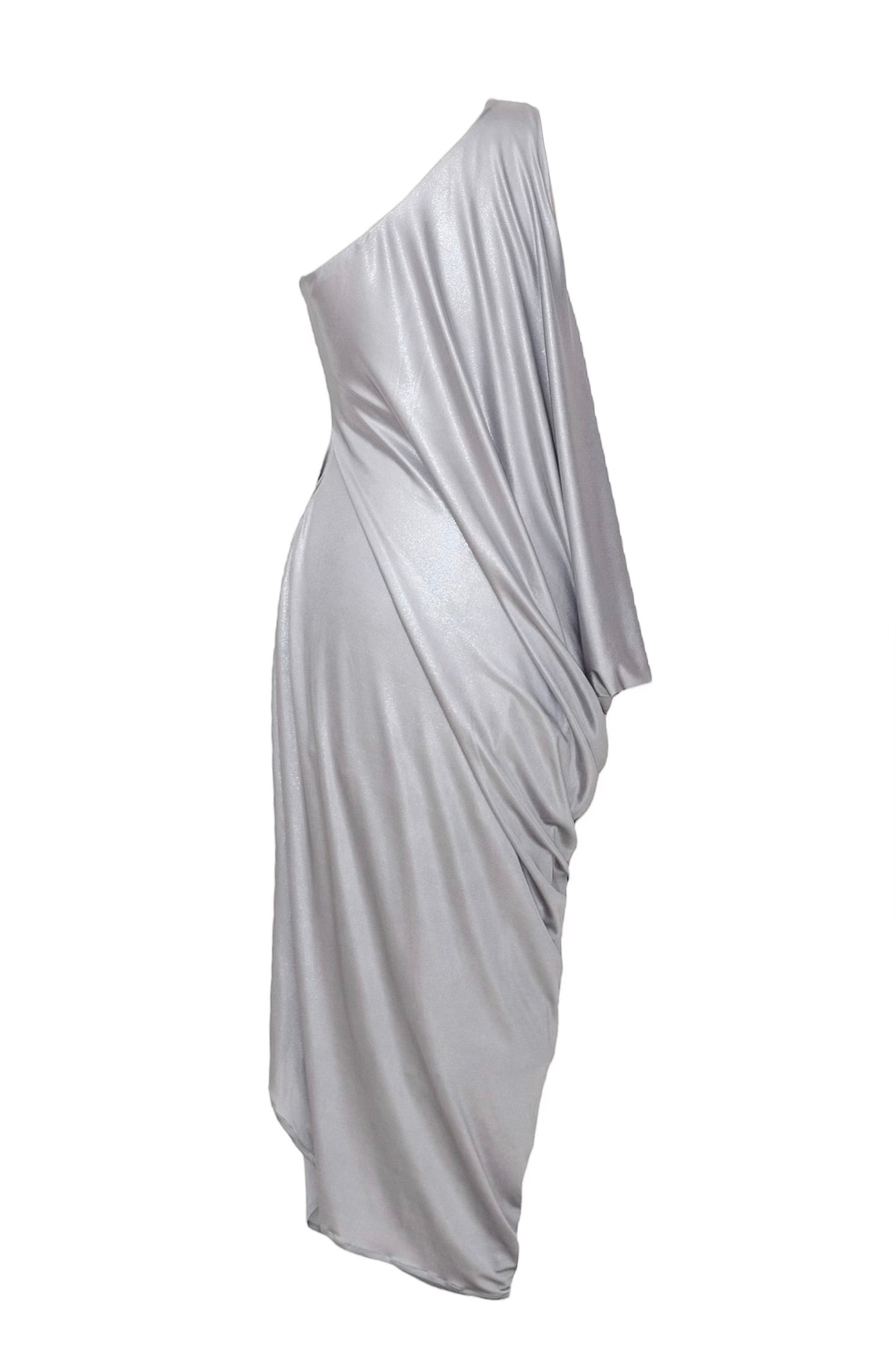 Goddess Mood Dress One-Shoulder Silver Metallic Drape Dress Goddess Mood Dress One-Shoulder Silver Metallic Drape Dress
