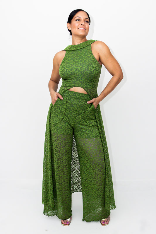 The Confident Muse Set – Lace Tunic & Wide-Leg Pants with Cowl Back in Cedar Green
