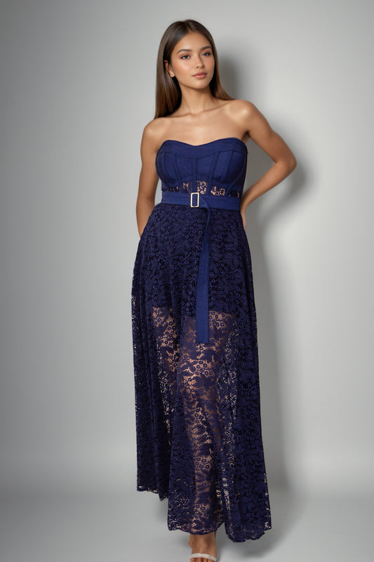 Demi Denim & Lace Bustier Maxi Dress in Navy