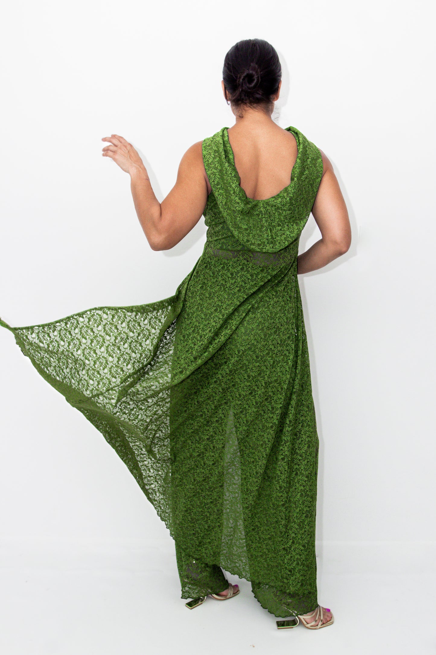 The Confident Muse Set – Lace Tunic & Wide-Leg Pants with Cowl Back in Cedar Green