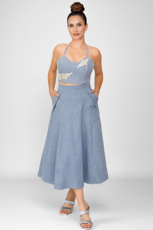 Emily High Waisted Denim Midi Skirt in Light Blue