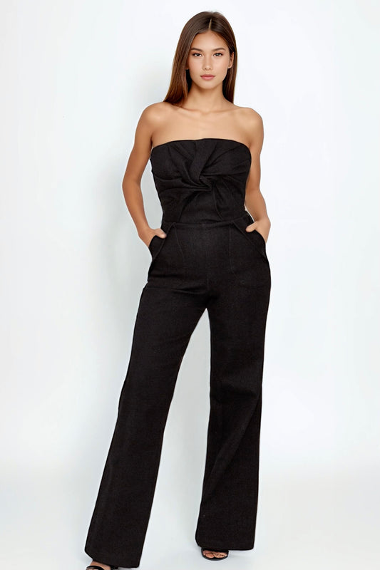 Flevorand Draped Floral Bustier Denim Jumpsuit in Black